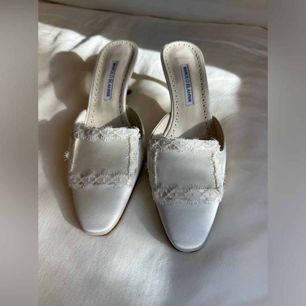 Manolo Blahnik Lace White Mules
